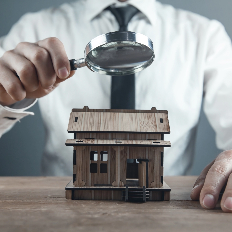 a person holding a magnifying glass over a miniature house